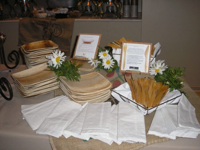 A table with plates, napkins and flowers on it.