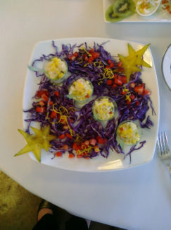 A plate of food with purple cabbage and red onions.