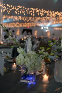 A table with candles and flowers in it